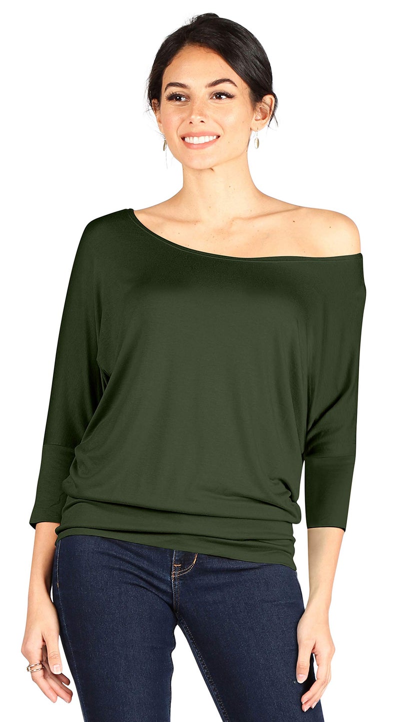 Simlu Olive Round Neck Top for Women - 3/4 Sleeve Green Top (Size Medium) - Image 2